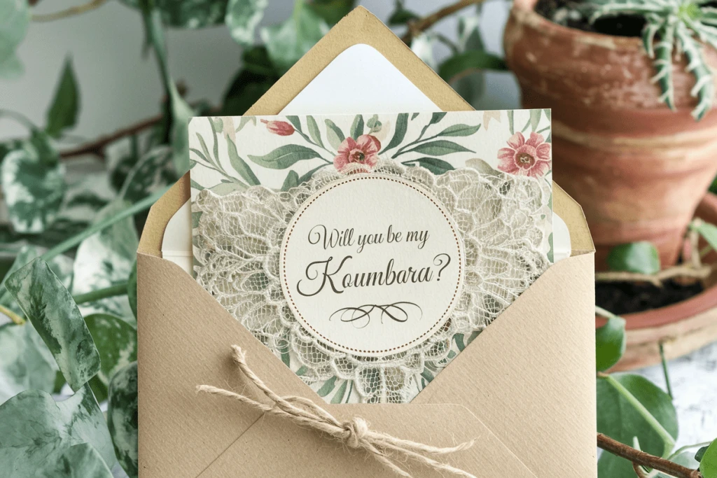 A card that reads, will you be my Koumbara?