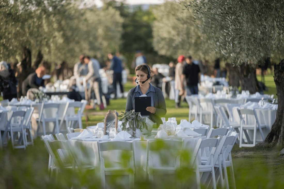 a greece wedding coordinator standing among tables in an olive grove