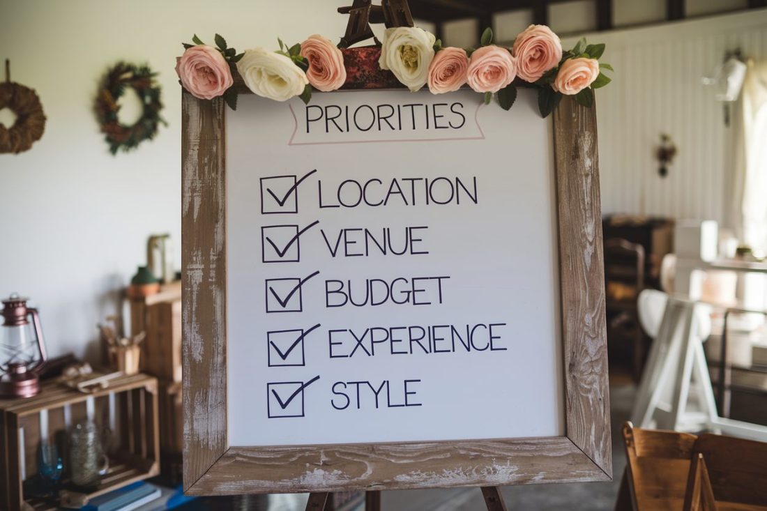 a wedding planning priorities checklist that reads location, venue, budget