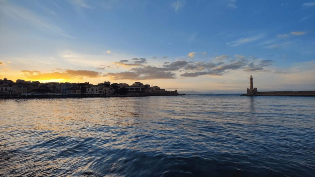A view of Chania, Crete Port after sunset