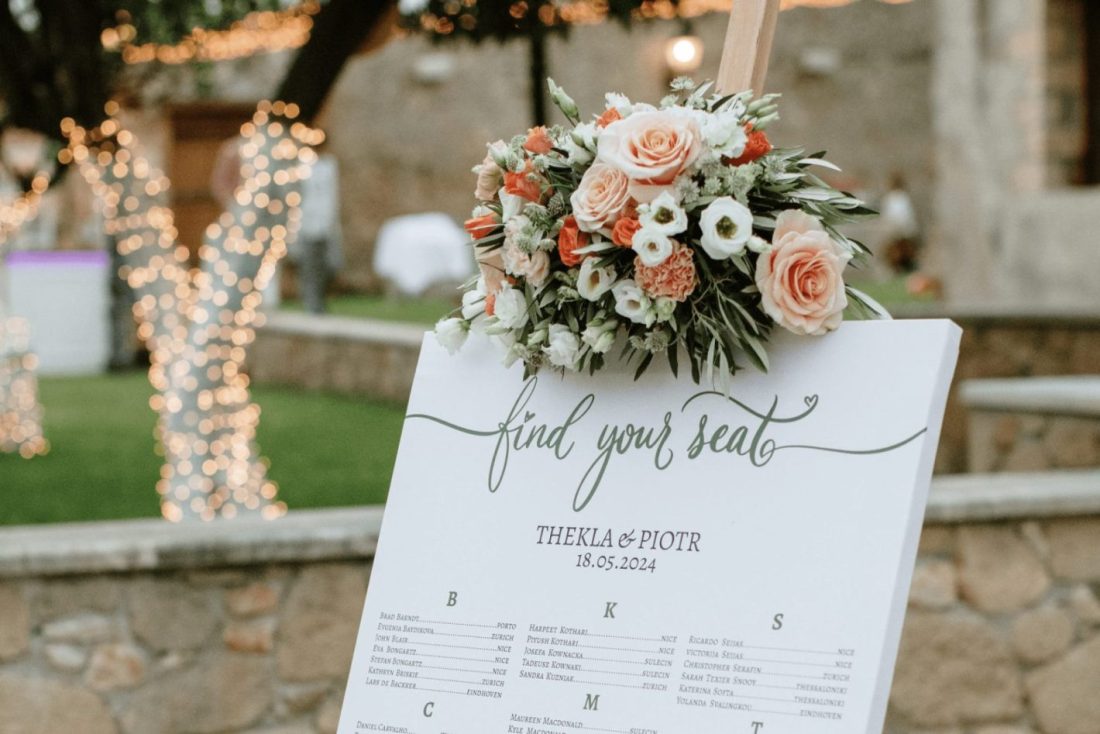 Christina's wedding seating chart adorned with a floral arrangement at the top, featuring soft-colored roses and greenery, set in an outdoor venue with fairy lights in the background.