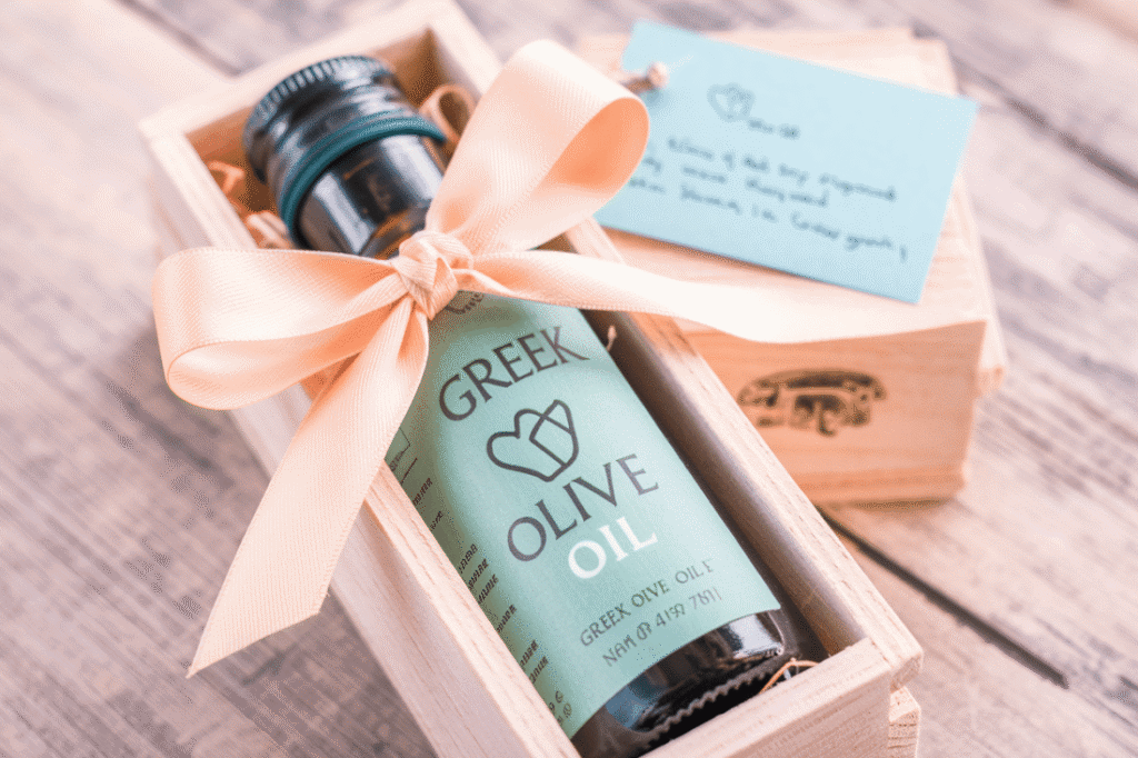 Greek olive oil as a wedding favour gift at a Greek wedding.
