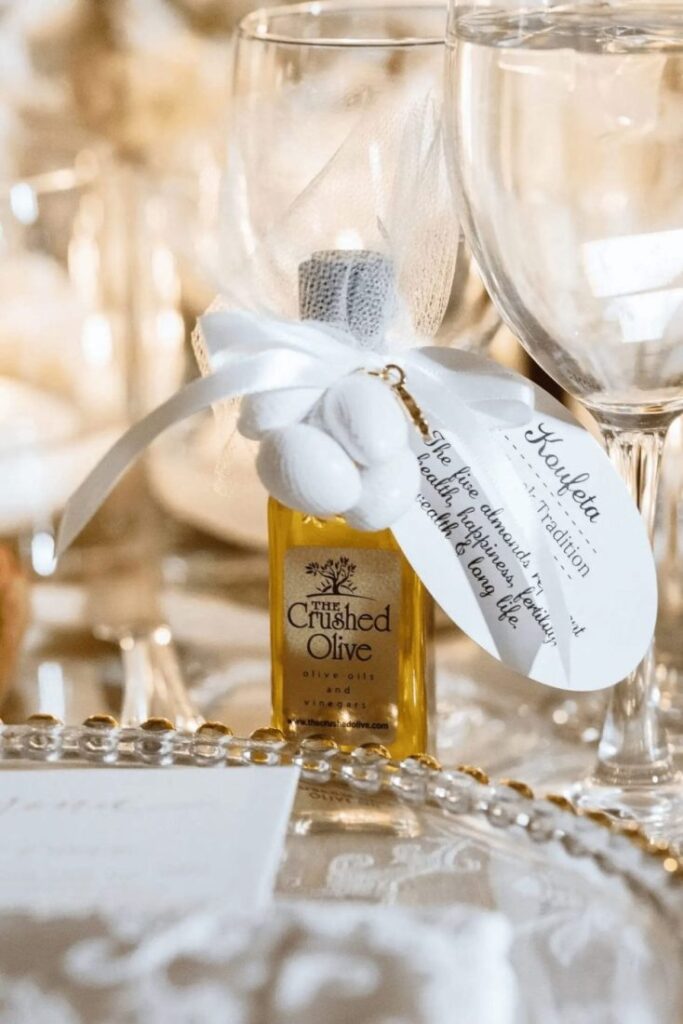 Custom Greek olive oil as a wedding favor for the Greek Koufeta.