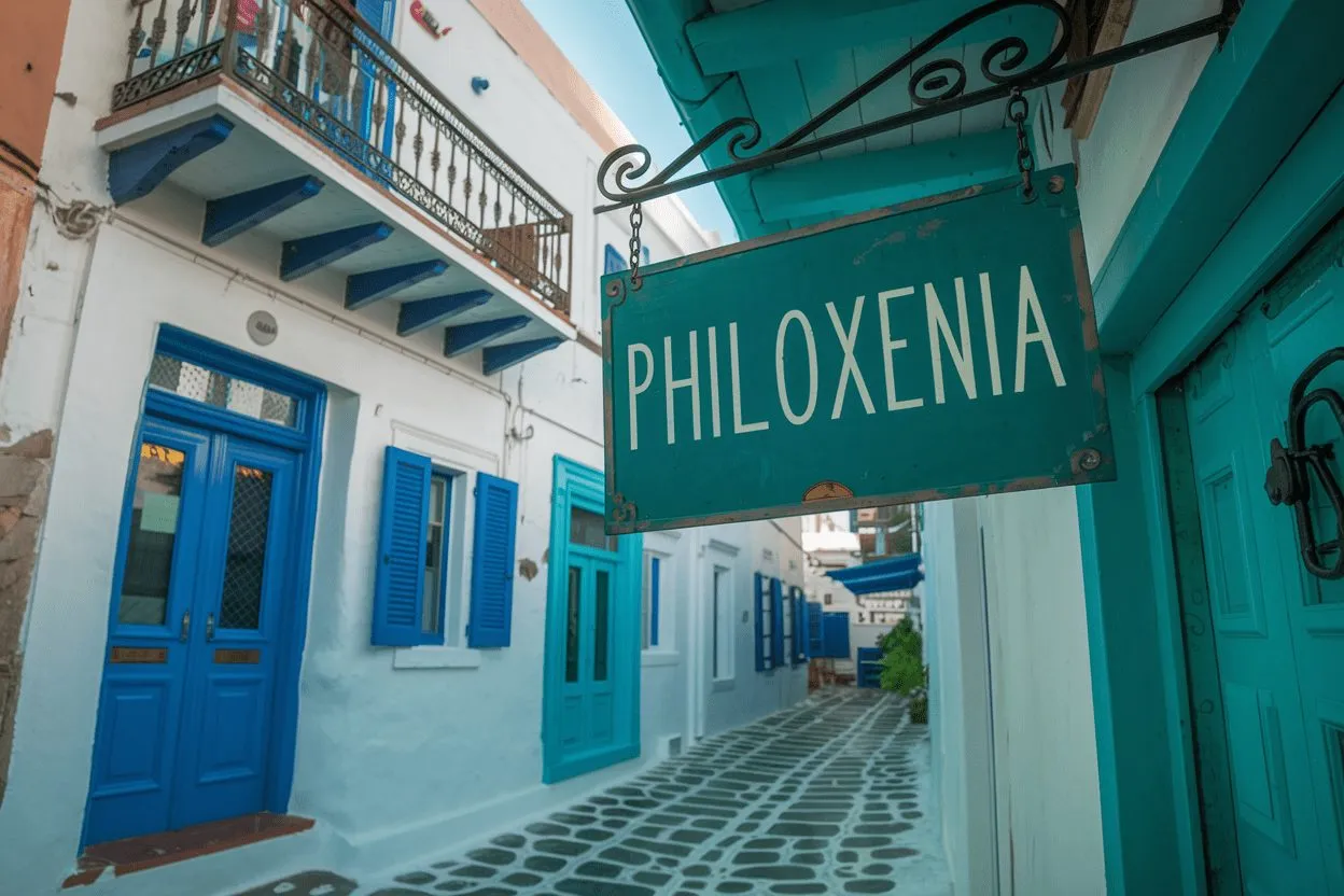 a sign that read Philoxenia in Greece