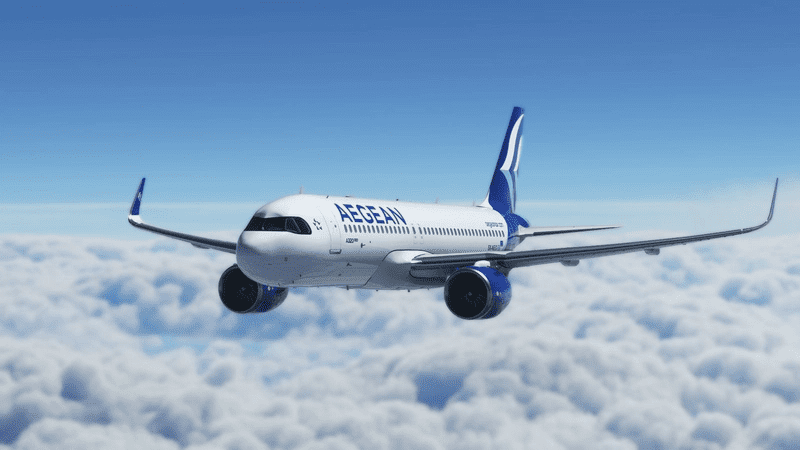 Aerial view of an Aegean airplane flying in the blue skies. 