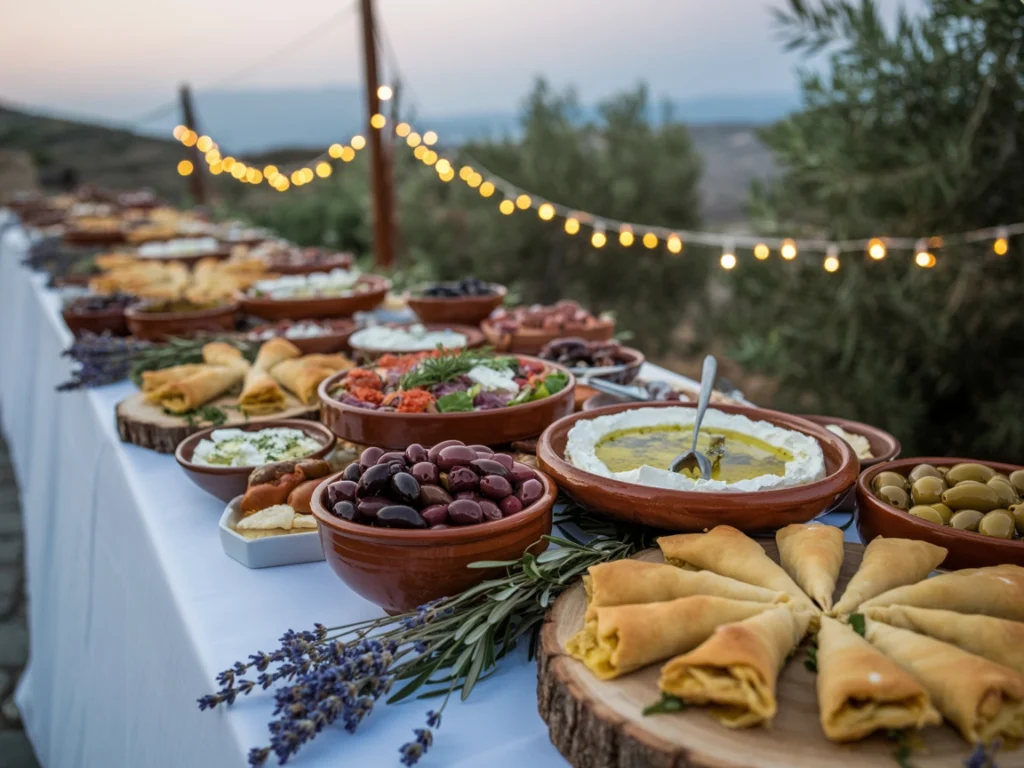 a rustic greek wedding buffet table filled with a variety of salads and greek wedding food