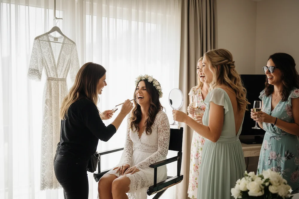 bridal makeup session before the wedding with makeup artist koumbara and friends