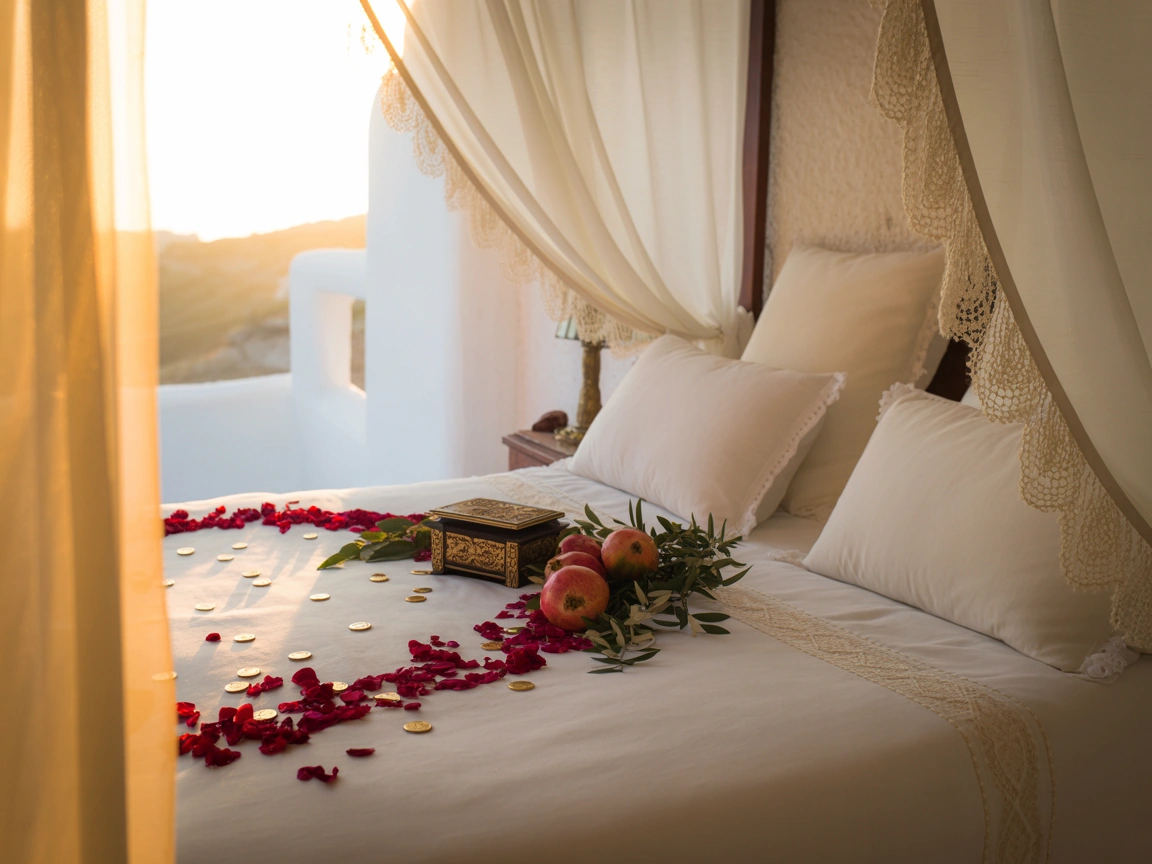 traditional greek marital bed adorned with rose petals and coins
