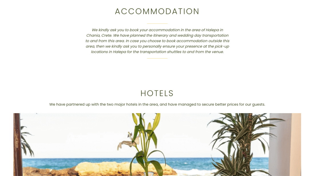 A wedding website page showing the accommodation and hotels section prepared for guests