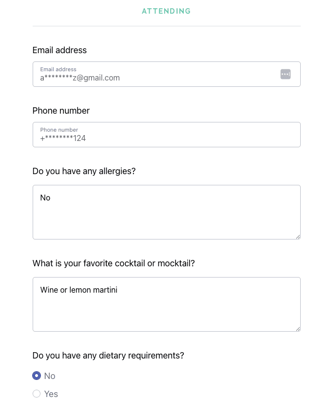 A screenshot of an RSVP form for a wedding, including fields for email address, phone number, allergies, favorite cocktail or mocktail, and dietary requirements.