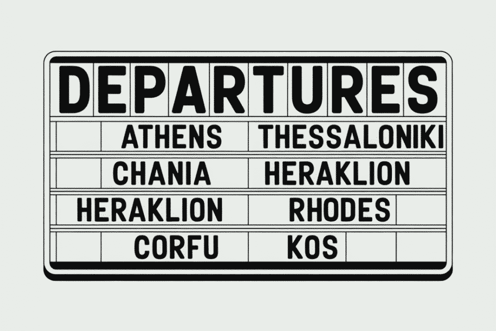 A timetable with announced departures to popular Greek Wedding Destinations, such as Chania, Heraklion, Rhodes, Corfu and Kos.