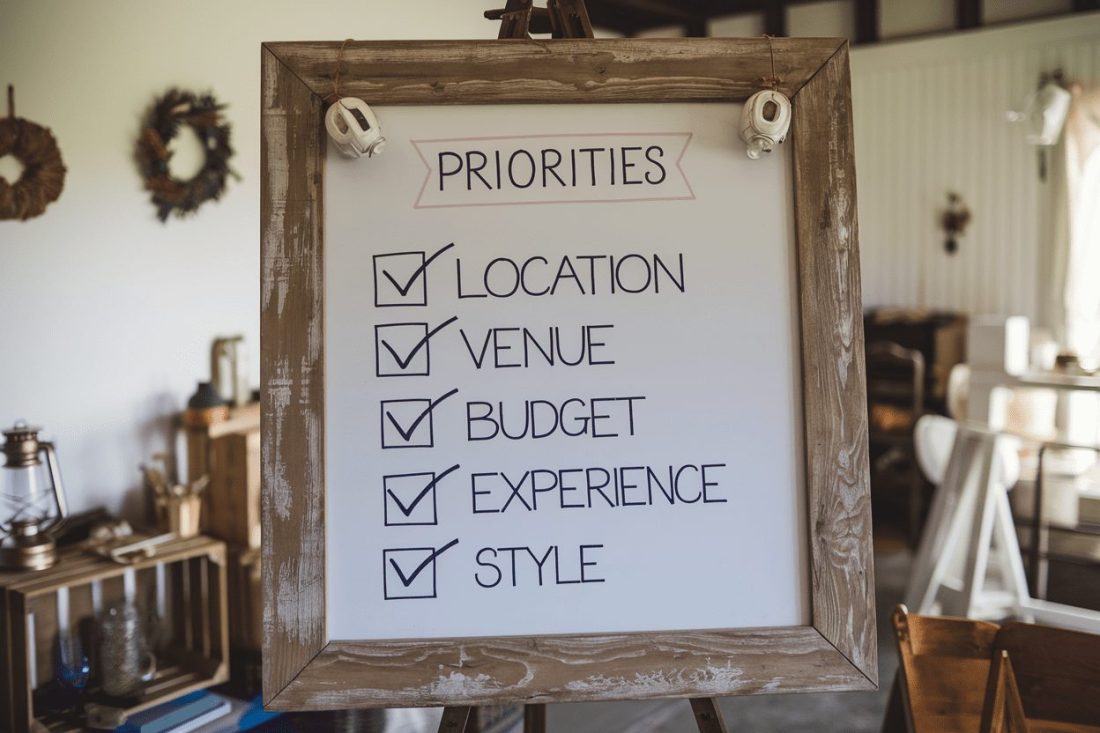 A chalkboard listing destination wedding priorities: location, venue, budget, experience and style