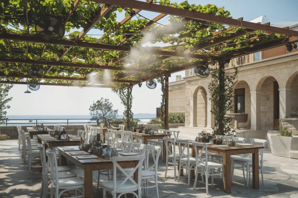 An outdoor dining setup at a wedding venue in Greece, featuring wooden tables and white chairs under a pergola with greenery. Scenic views of the sea are visible in the background.