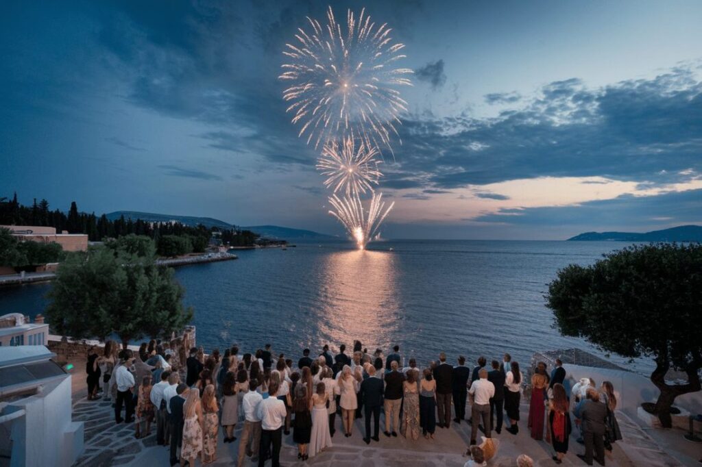 A wedding reception in Greece with guests watching a fireworks display over the sea at dusk.
