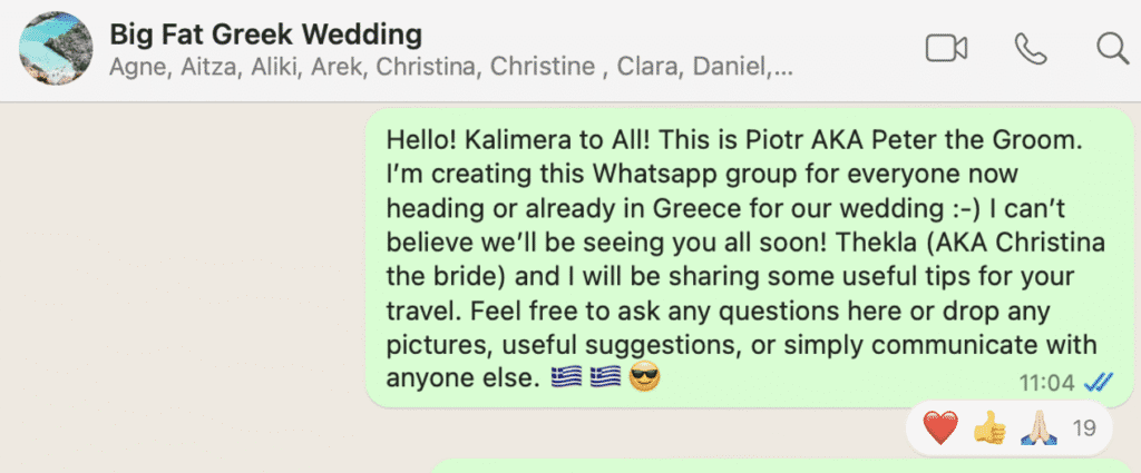 A WhatsApp group chat for a wedding, featuring messages welcoming guests and encouraging them to share travel tips and experiences.