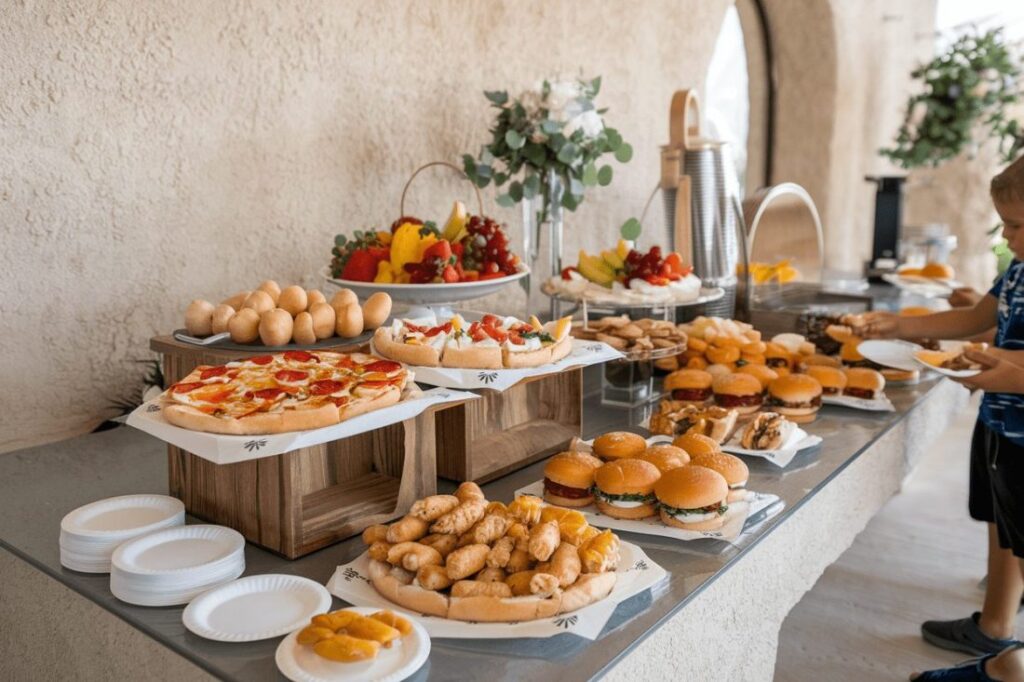 A kid-friendly buffet featuring pizza, chicken nuggets, mini burgers, and fruit, with a child serving food at the table.