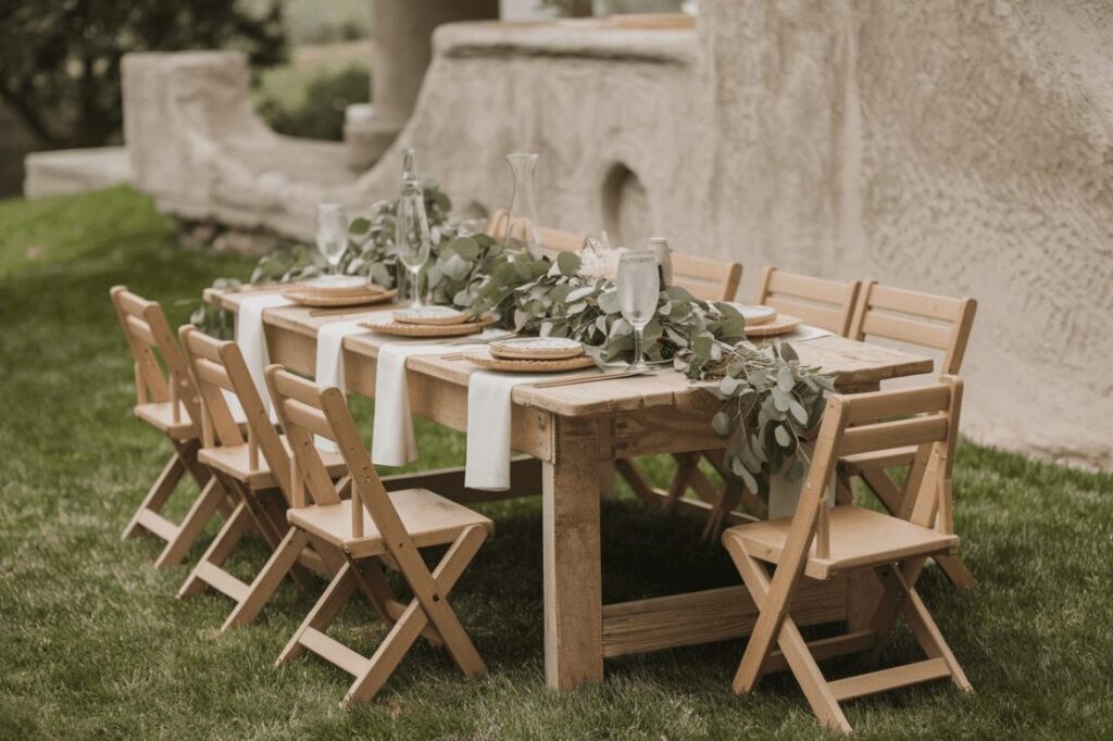 A rustic outdoor kids' table set for a wedding, featuring a wooden table adorned with greenery and plates, surrounded by folding chairs.
