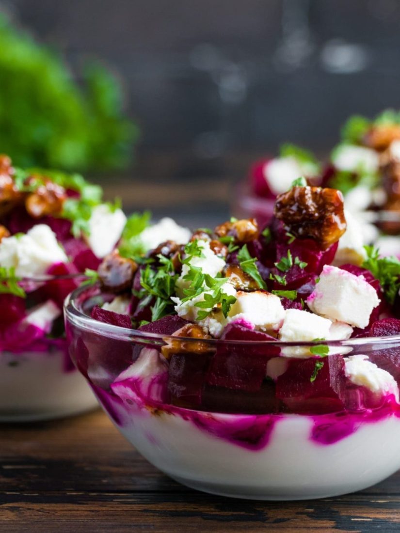 Greek Salad with Beets, Mizithra Cheese and walnuts.