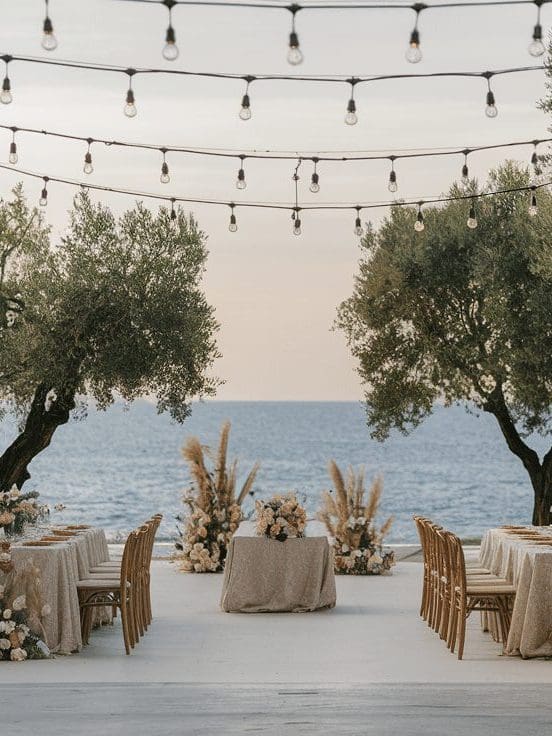 A sea view destination wedding in Greece with set tables