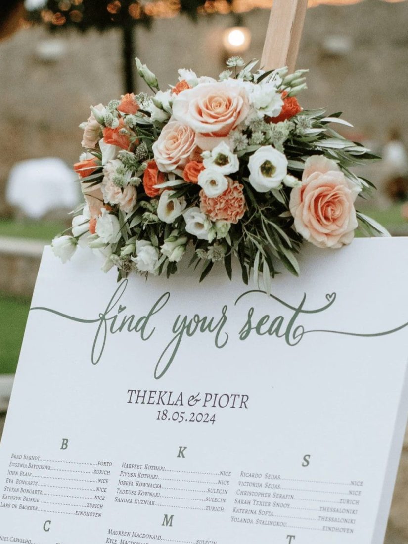 Elegant wedding seating chart decorated with blush and white flowers, displayed on an easel at an outdoor reception with twinkling fairy lights at a destination wedding in Greece.