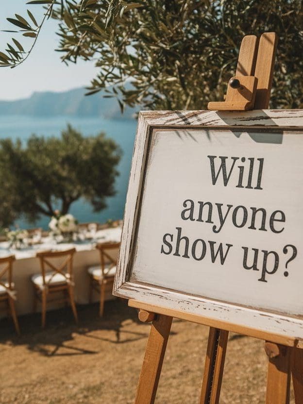 An easel for a greek wedding with 'will anyone show up?' written on it