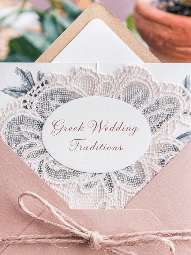 Image showing a wedding invitation that reads 'Greek Wedding Traditions'