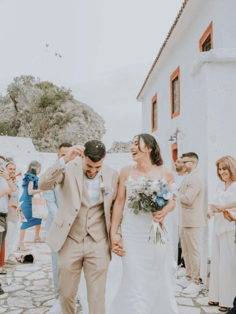Greek Island Wedding Exit with Confetti