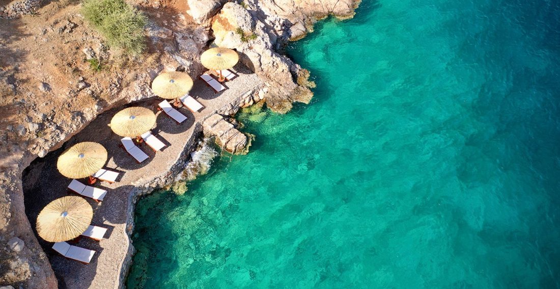 aerial photo a turqoise waters and beach umbrellas at agrilia koromili near athens