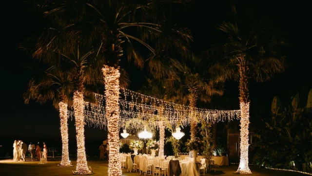 sea view by enkipo wedding venue in crete lights wrapped around palm trees