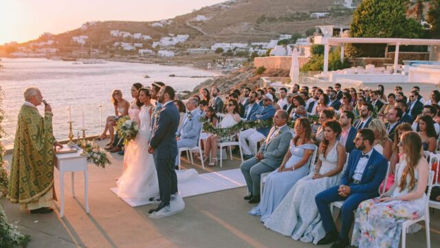 Mykonos wedding villas saint john wedding ceremony in front of the aegean sea