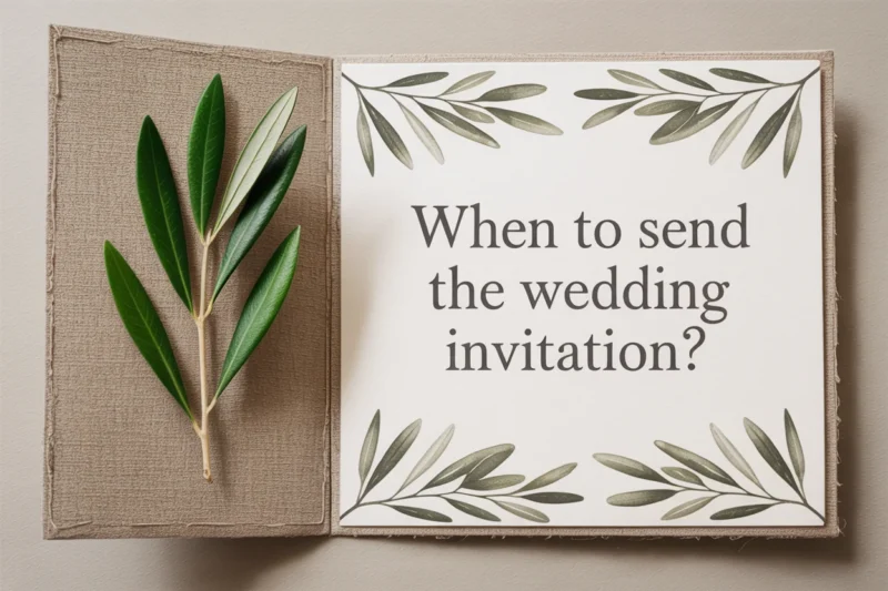 A wedding invitation card asking when to send the wedding invitation, beside an olive sprig