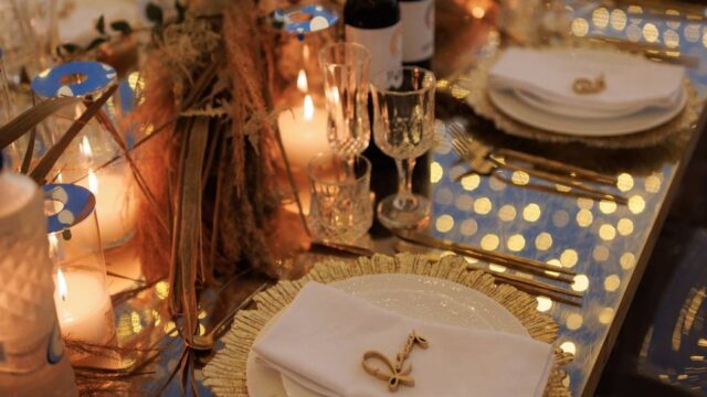 a table setting at a santorini wedding