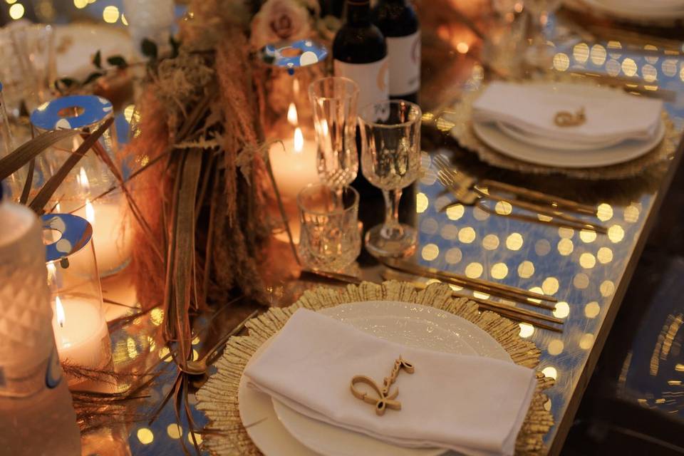 a table setting at a santorini wedding