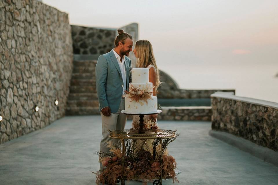 bride and groom in front of their wedding cake