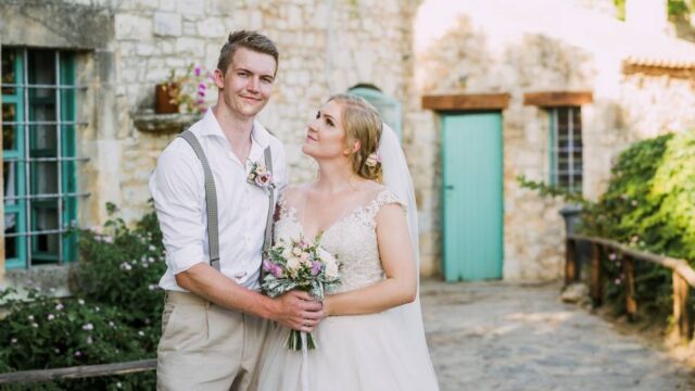 wedding couple posing at a wedding in greece