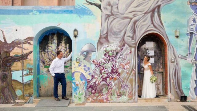 wedding couple posing at a greek wedding