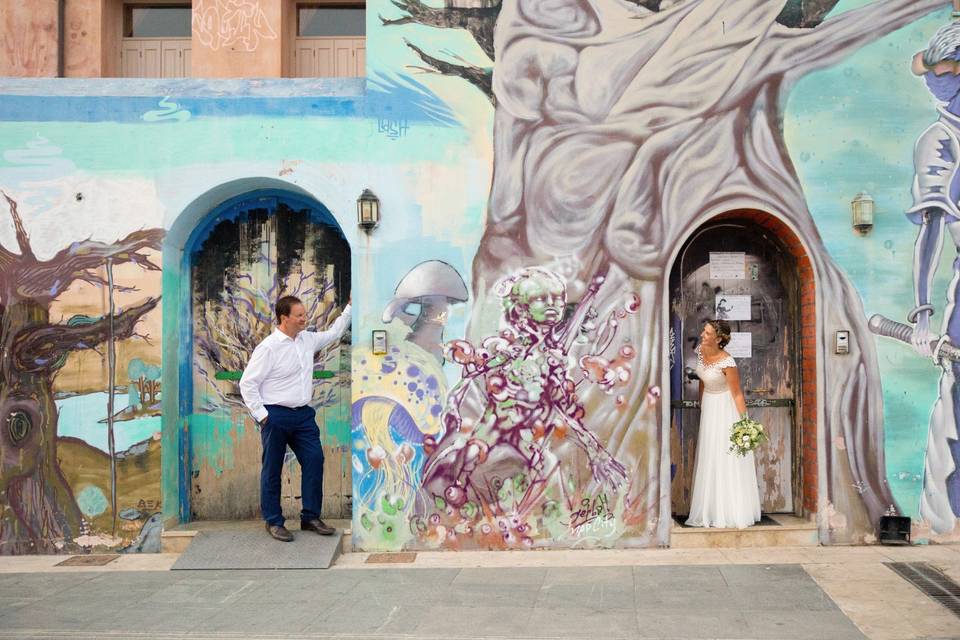 wedding couple posing at a greek wedding