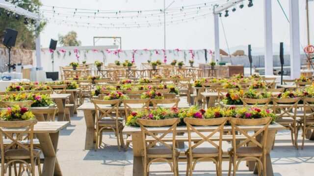 tables set for a wedding dinner in greece
