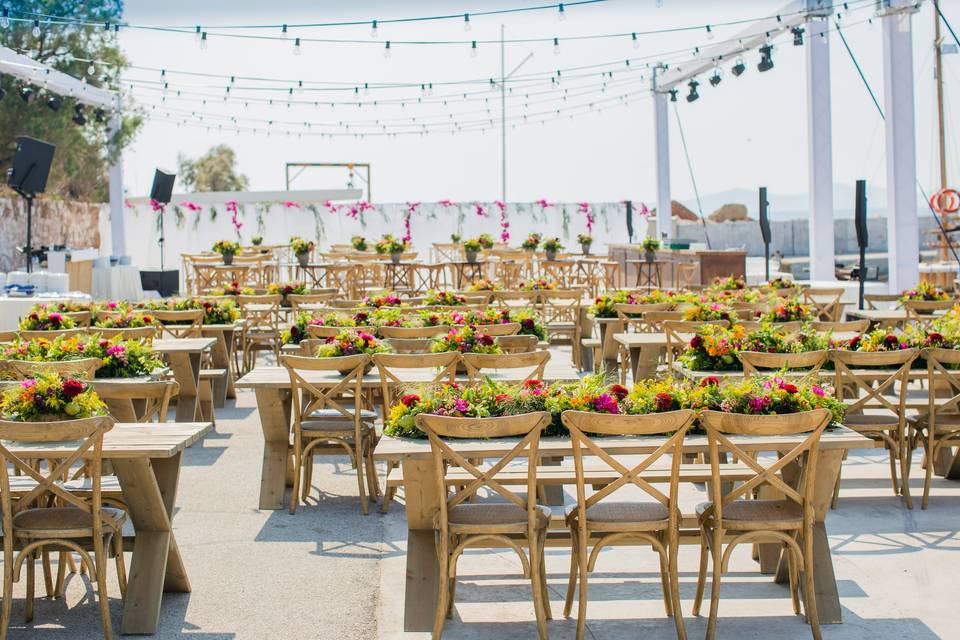 tables set for a wedding dinner in greece
