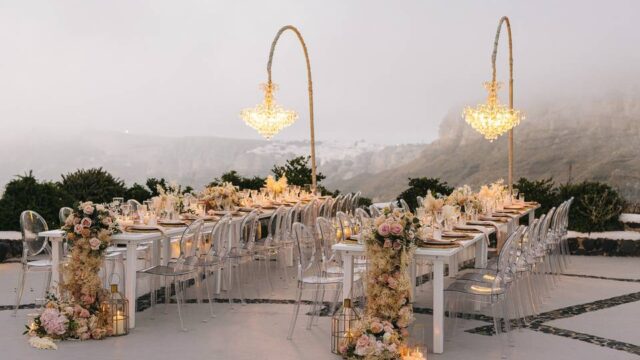 beautifully set wedding tables at a santorini wedding