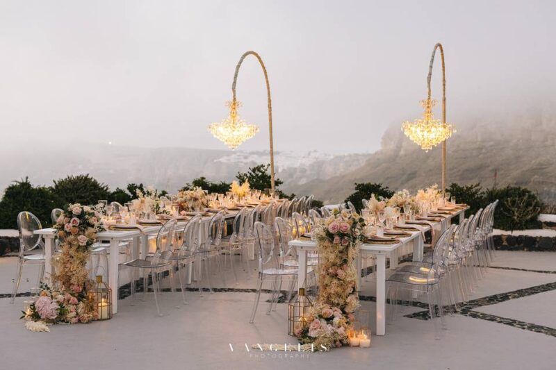 beautifully set wedding tables at a santorini wedding