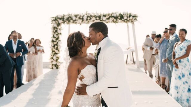a couple embracing at their wedding in santorini