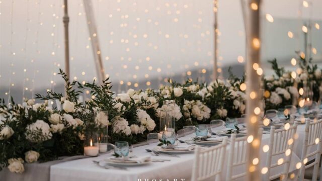 a wedding table set at a santorini wedding
