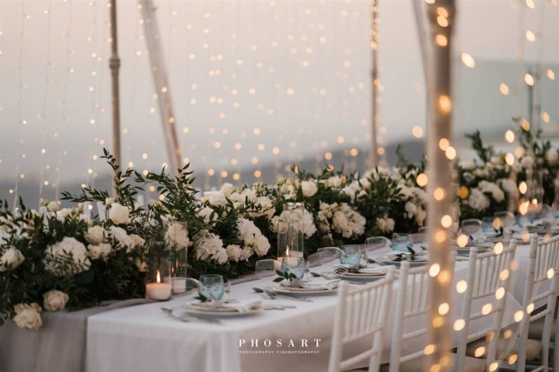 a wedding table set at a santorini wedding