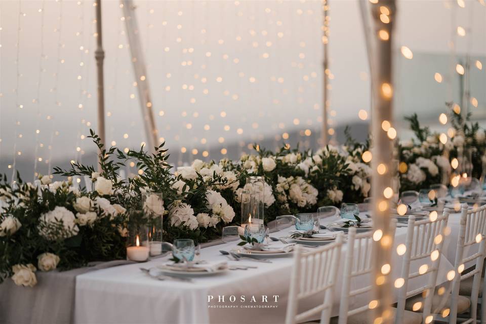 a wedding table set at a santorini wedding