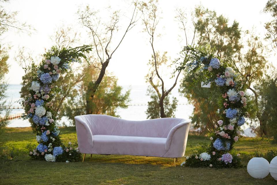 a sofa decoration at a greek wedding