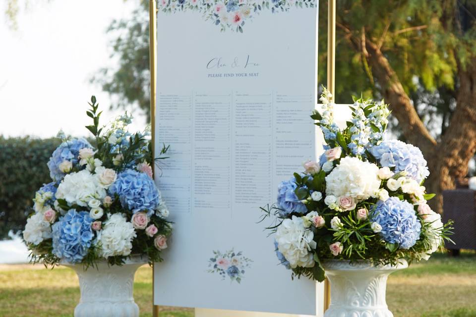 a seating chart surrounded by flowers for a greek wedding