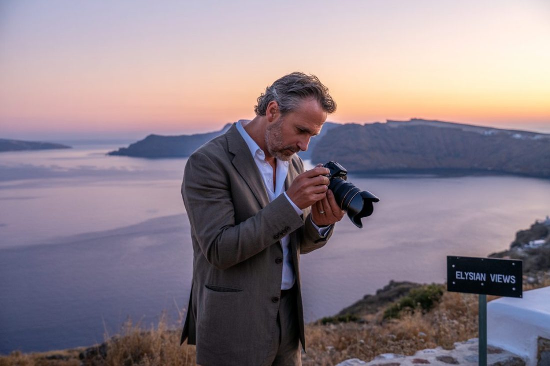 A man in a suit holding a professional camera, focused on taking a wedding photograph against a scenic backdrop of a coastline during sunset.