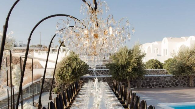 a large chandelier at a wedding in greece