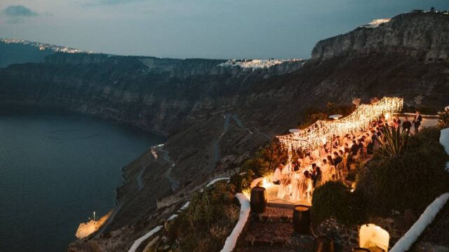 a wedding in santorini at dusk